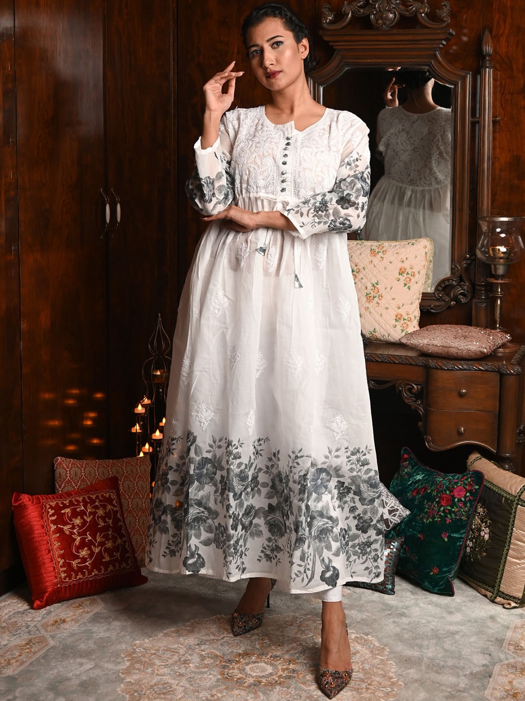 

ODETTE Chikankari Embroidered Cotton A-Line Kurta, White