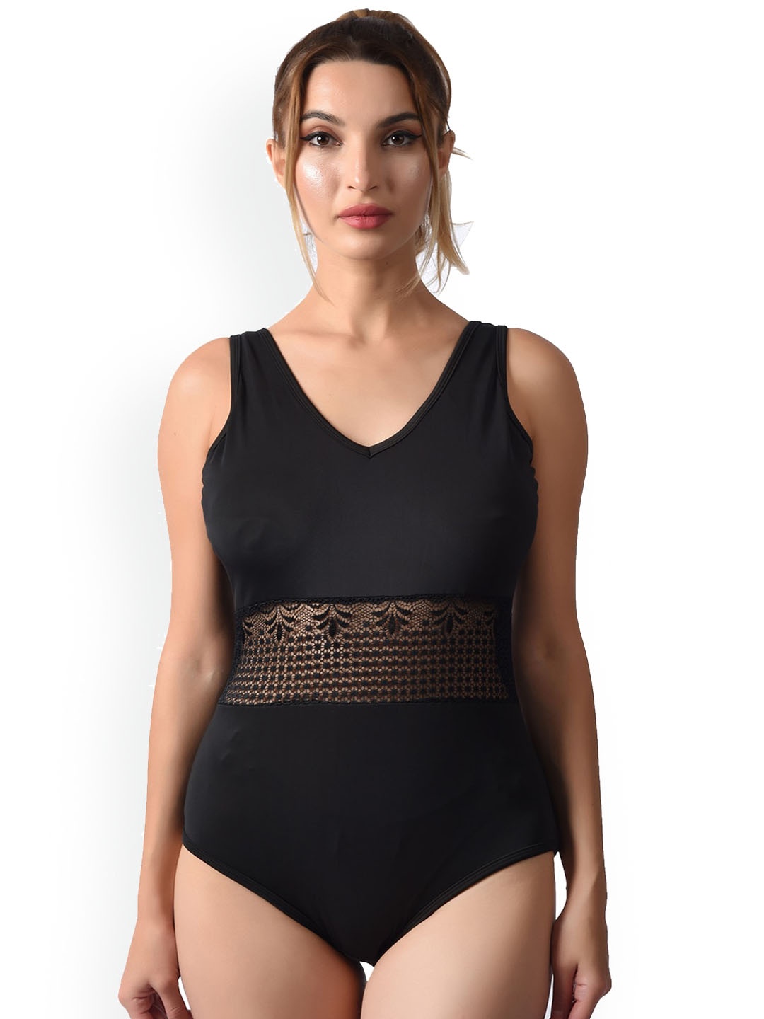 

Poftik Medium Coverage V-Neck Bodysuit Swimdress, Black