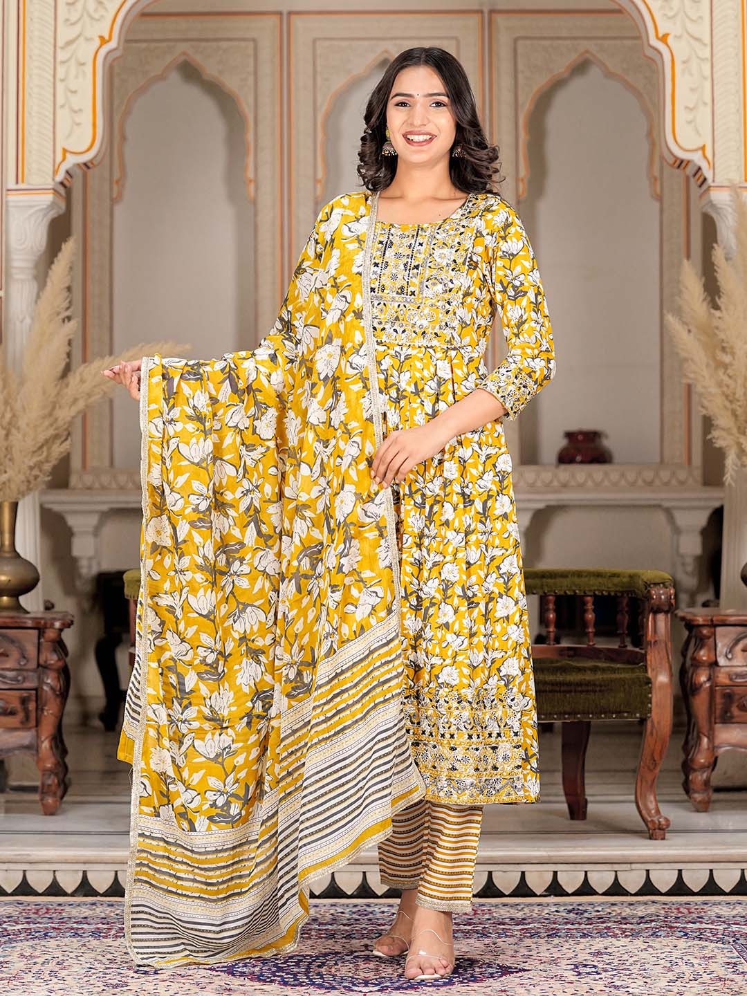 

ERISHA Floral Printed Pure Cotton Kurta With Trousers & Dupatta, Mustard