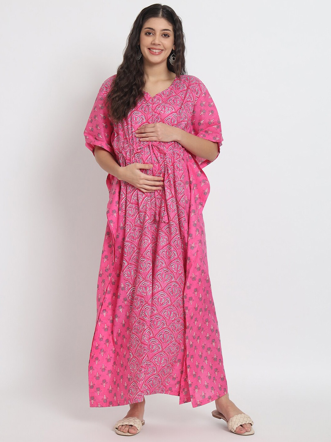 

Aujjessa Floral Printed Kimono Sleeve Maternity Kaftan Cotton Maxi Dress, Pink