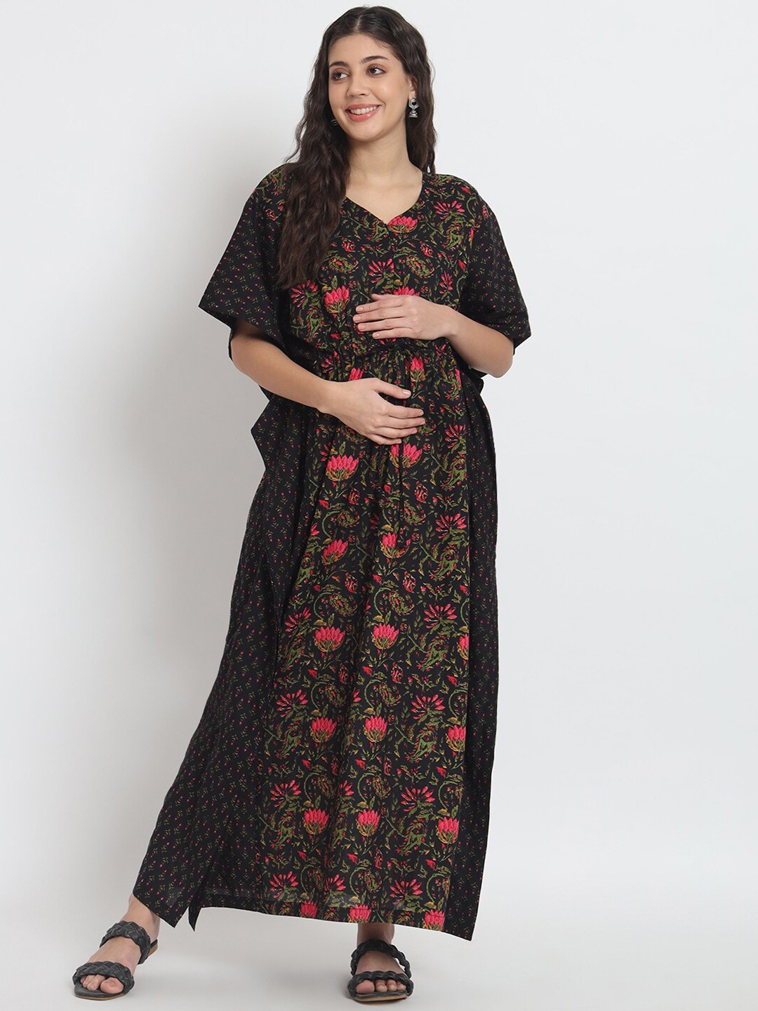 

Aujjessa Floral Printed Kimono Sleeve Maternity Kaftan Cotton Maxi Dress, Black