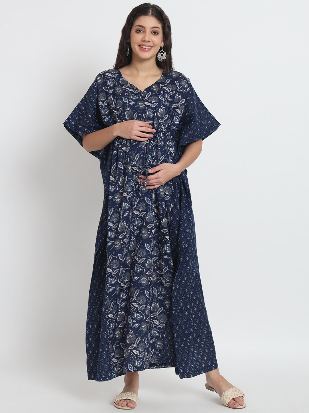 

Aujjessa Floral Printed Kimono Sleeve Maternity Kaftan Cotton Maxi Dress, Blue