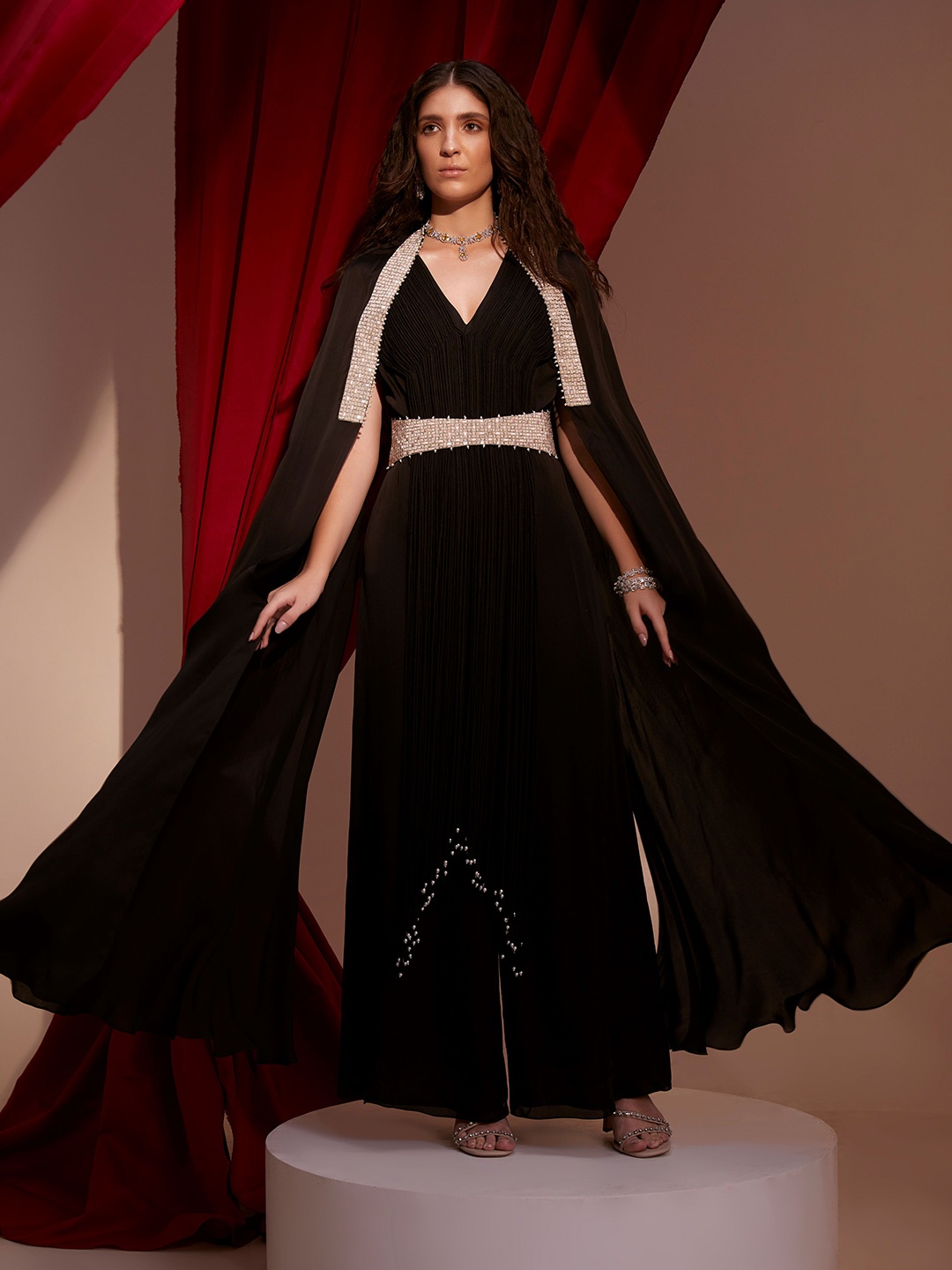 

NEHHA NHATA V-Neck Embroidered Basic Jumpsuit, Black