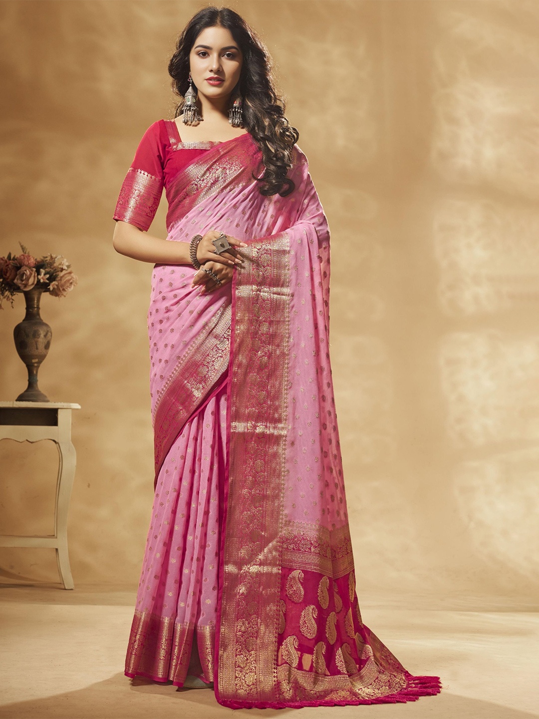 DIVASTRI Floral Woven Design Pure Georgette Banarasi Saree, Pink