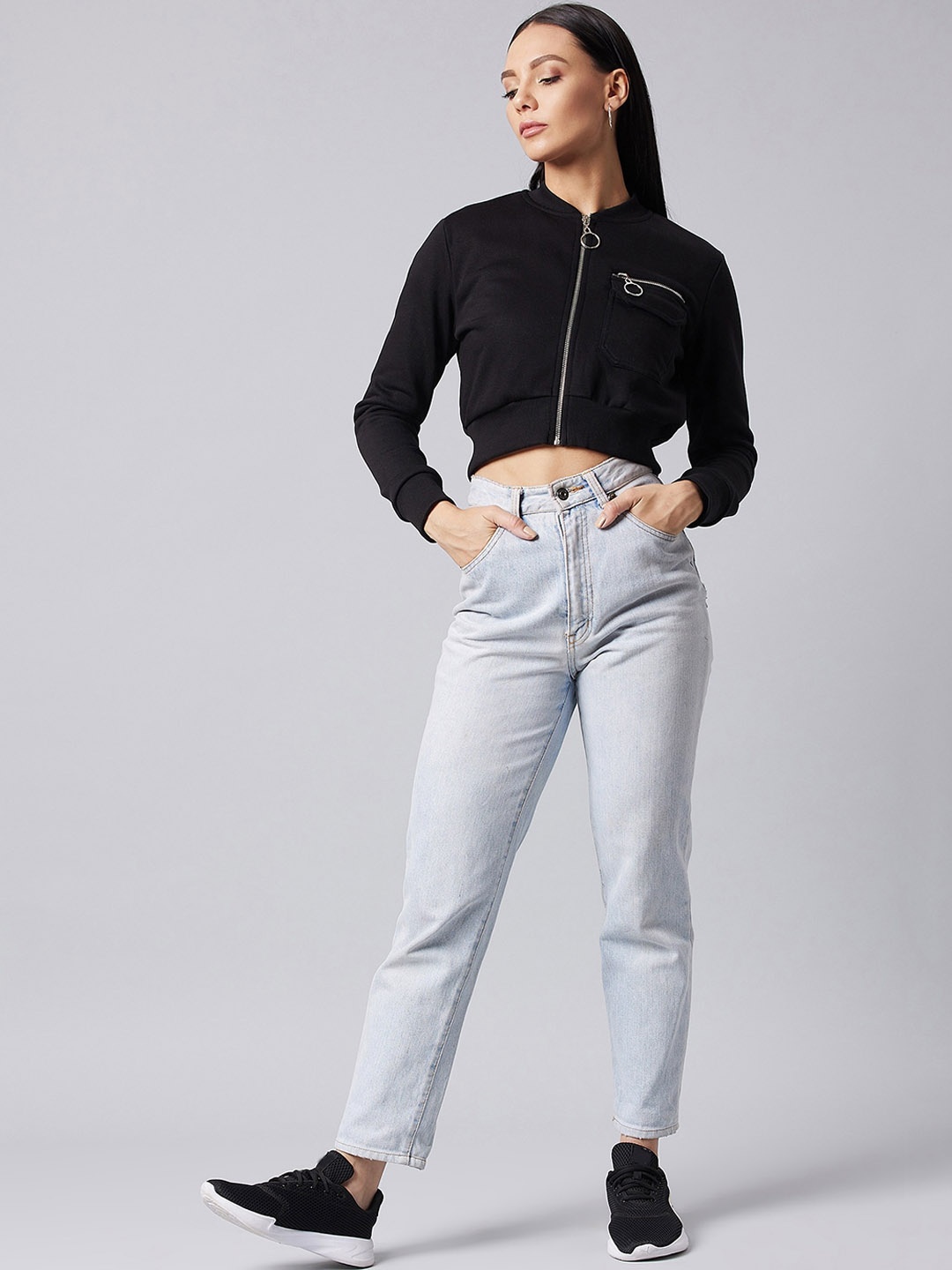 

BAESD Fleece Crop Bomber Jacket, Black