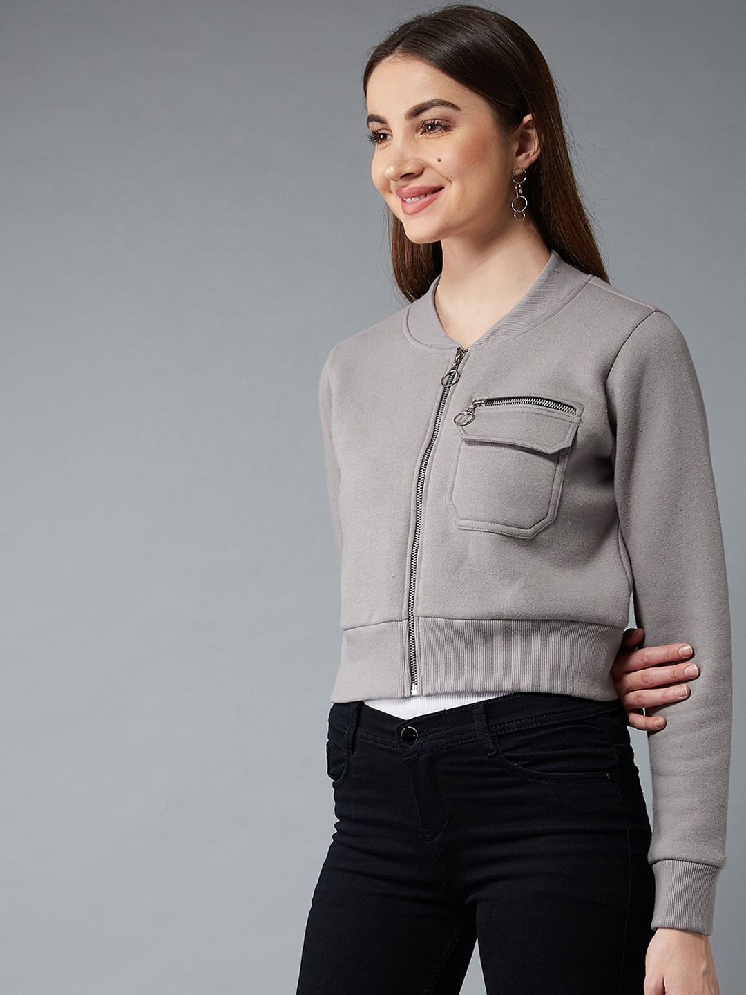 

BAESD Mock Collar Crop Bomber Jacket With Zip Detail, Grey