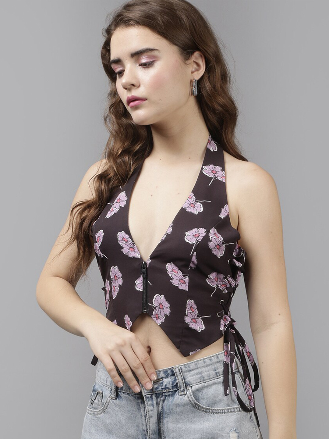 

The Roadster Lifestyle Co. Floral Printed Halter Neck Satin Crop Top, Black