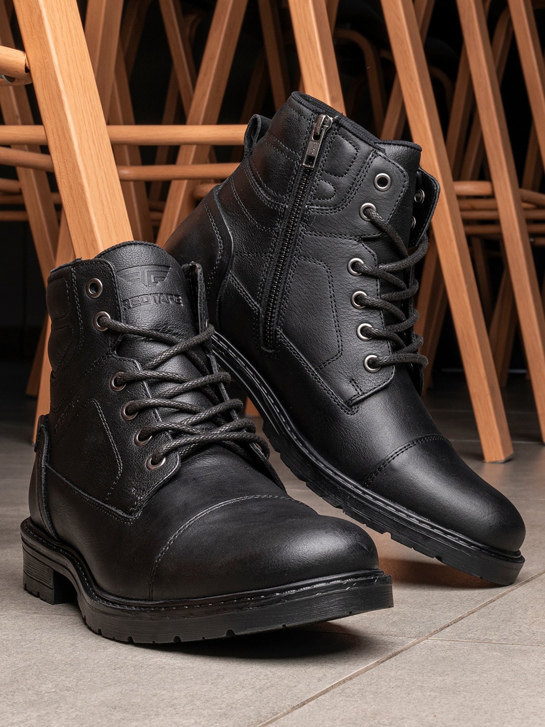 

Red Tape Men Mid Top Leather Biker Boots, Black