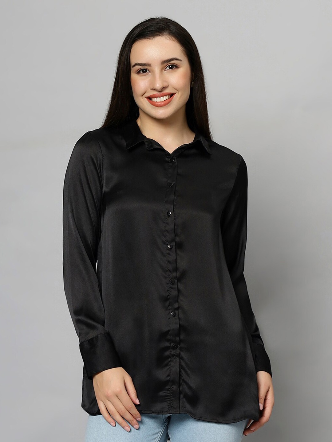 

Chemistry Original Spread Collar Long Sleeves Satin Longline High-Low Casual Shirt, Black