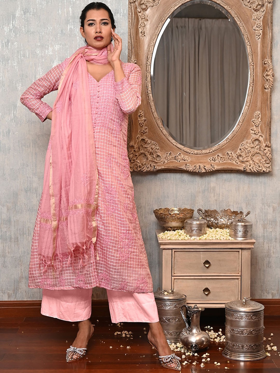 

ODETTE Checked Chikankari A-Line Semi Stitched Kurta Trousers With Dupatta, Pink