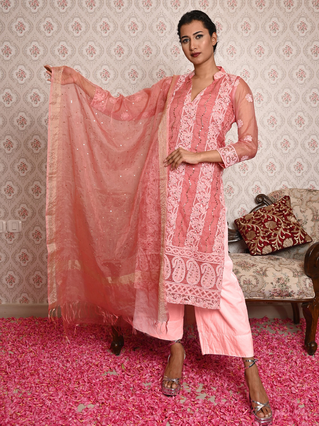 

ODETTE Ethnic Motifs Embroidered Regular Chikankari Semi Stitched Dress Material, Peach