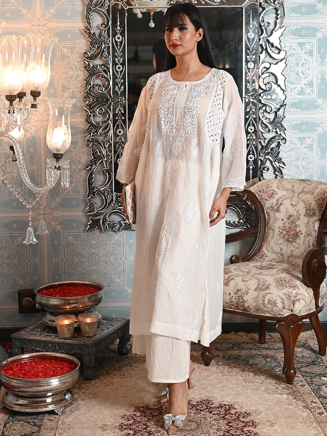 

ODETTE Floral Embroidered Chikankari Straight Kurta With Palazzos, Off white