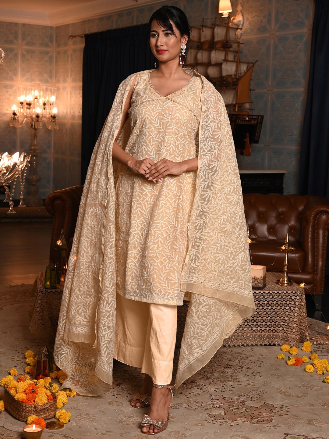 

ODETTE Floral Embroidered Regular Chikankari Semi Stitched Dress Material, Beige
