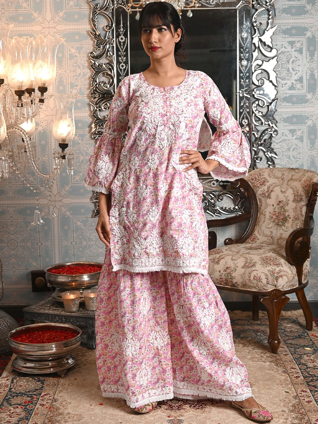 

ODETTE Floral Embroidered Chikankari Straight Kurta With Sharara, Pink