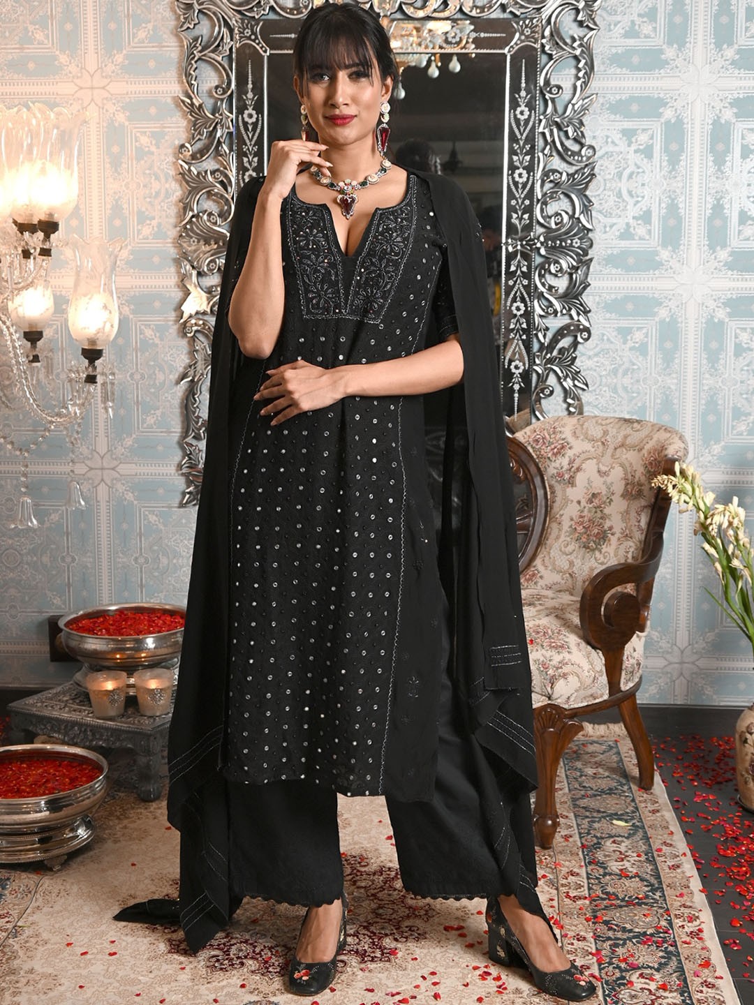 

ODETTE Ethnic Motifs Embroidered Chikankari Straight Kurta With Palazzos & Dupatta, Black