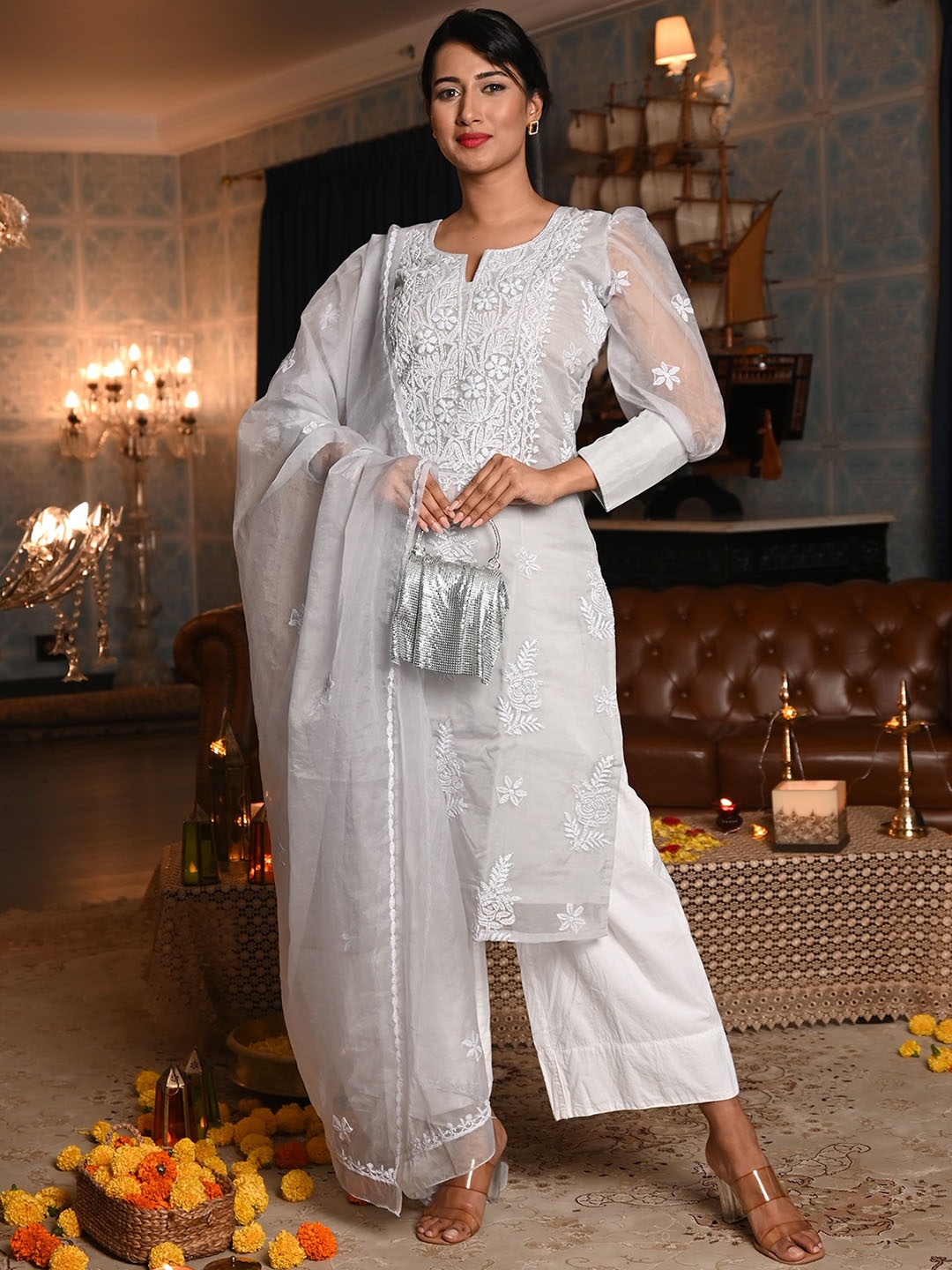 

ODETTE Floral Embroidered Chikankari Puffed Sleeves Straight Kurta & Palazzos With Dupatta, Grey