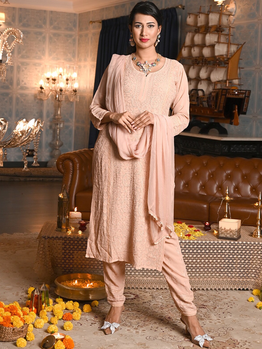 

ODETTE Ethnic Motifs Embroidered Chikankari Straight Semi Stitched Kurta With Trousers & Dupatta, Beige