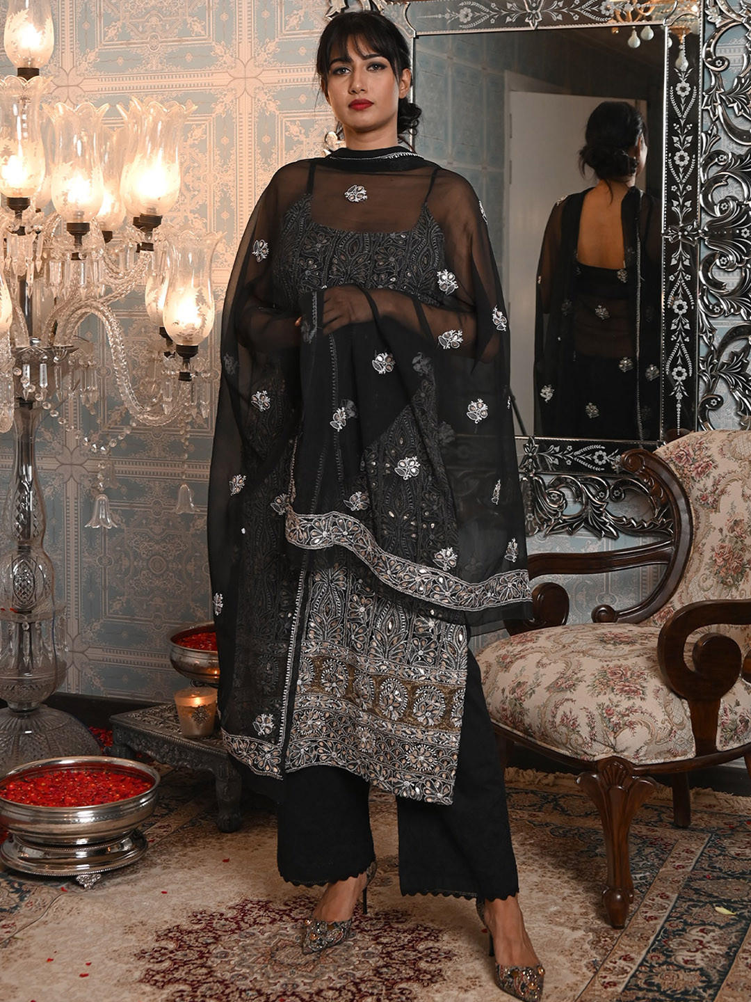 

ODETTE Floral Embroidered Regular Chikankari Semi Stitched Dress Material, Black