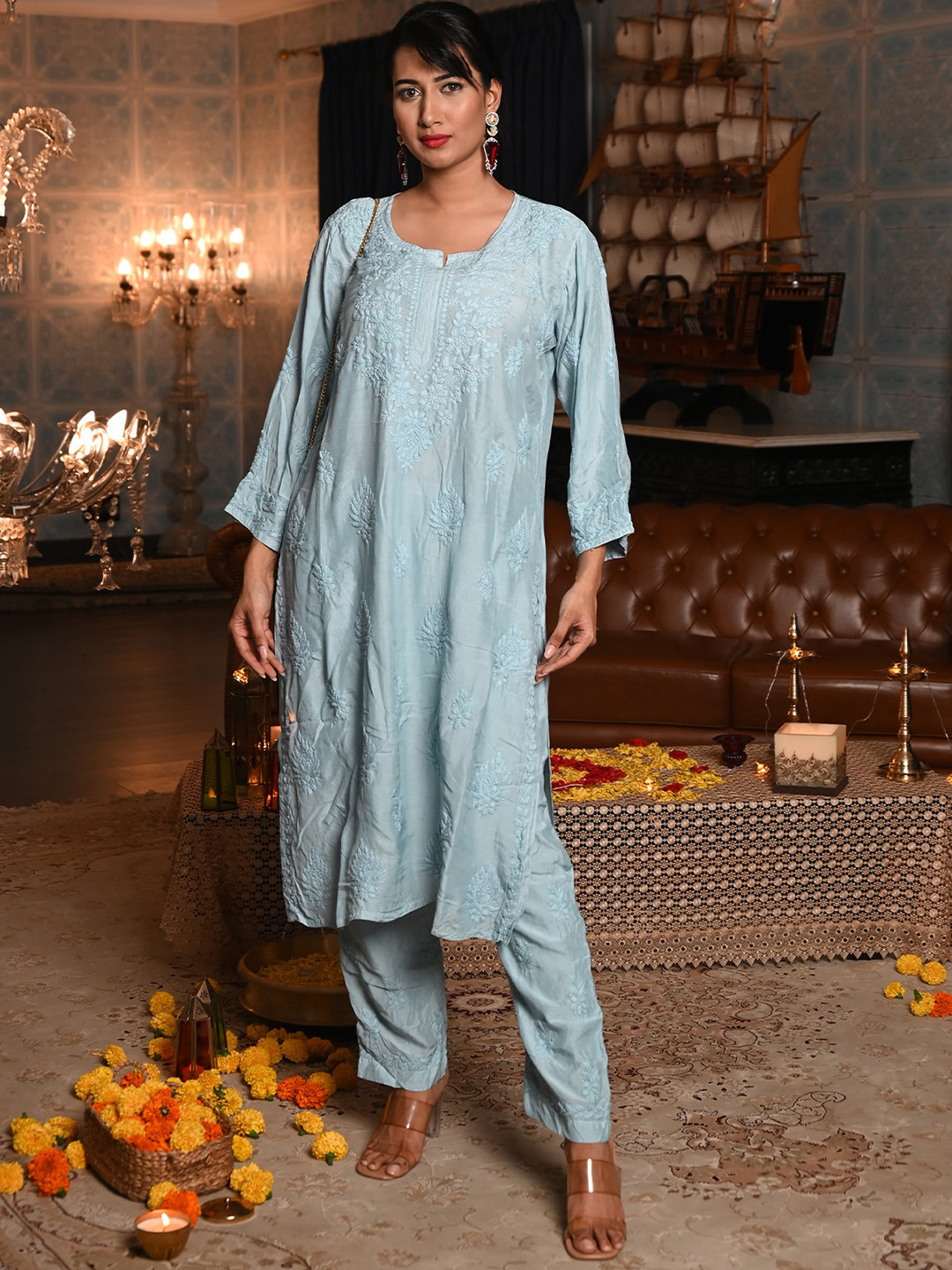 

ODETTE Floral Embroidered Chikankari Straight Kurta & Trousers, Blue