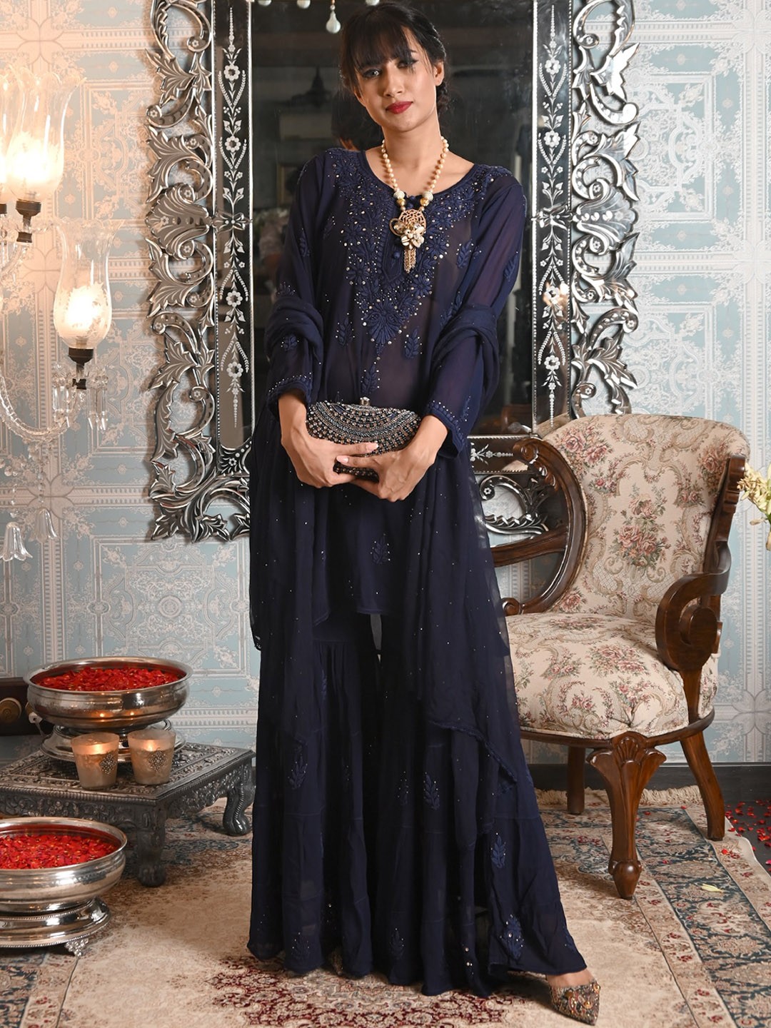 

ODETTE Floral Embroidered Chikankari Straight Kurta & Sharara With Dupatta, Navy blue