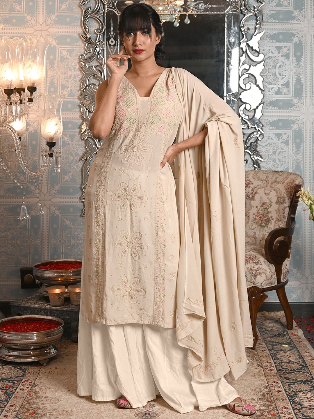 

ODETTE Ethnic Motifs Embroidered Chikankari Straight Kurta With Palazzos & Dupatta, Beige