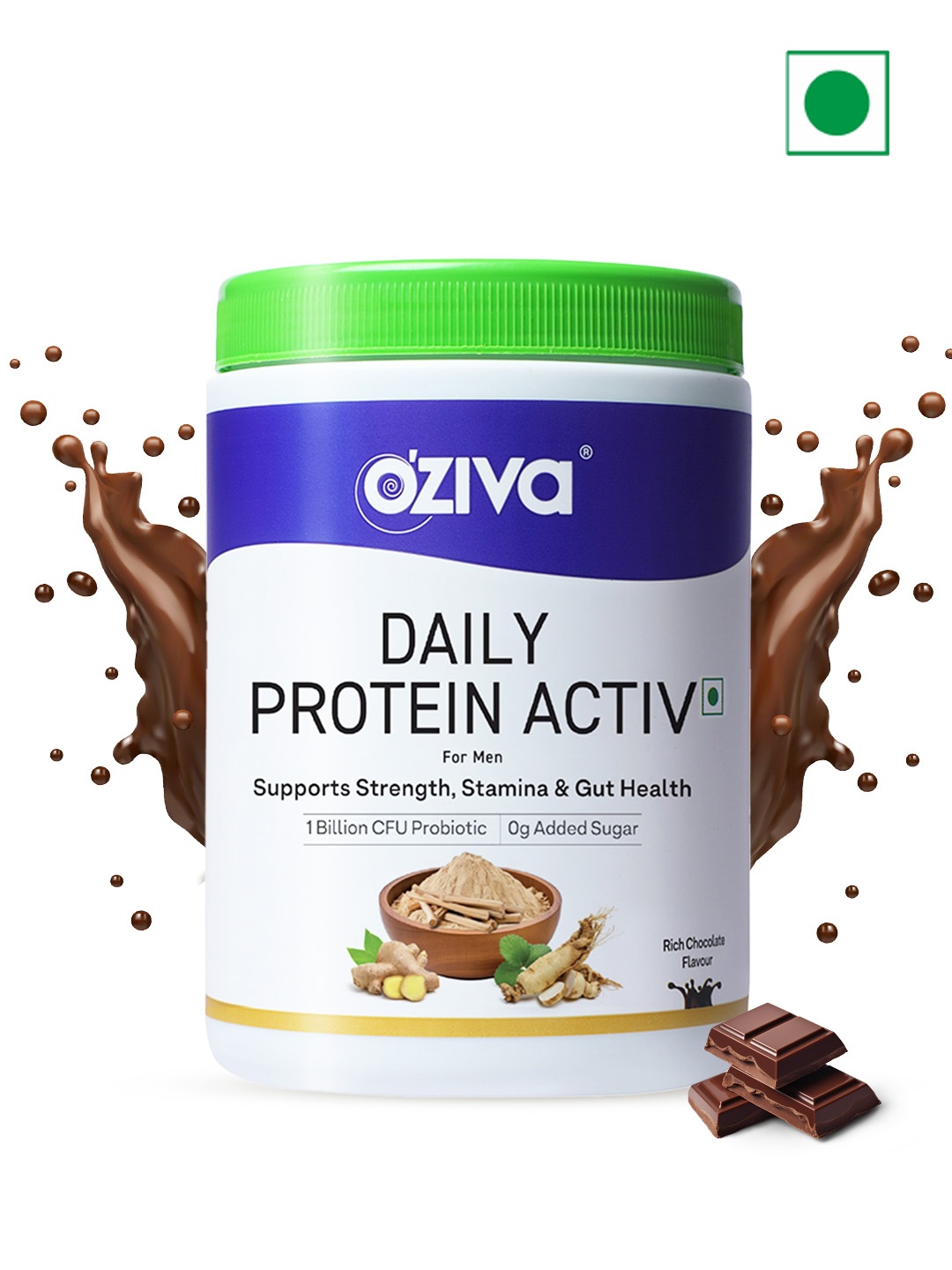 

OZiva Daily Protein Activ Powder Chocolate Flavor- 300gms, Green