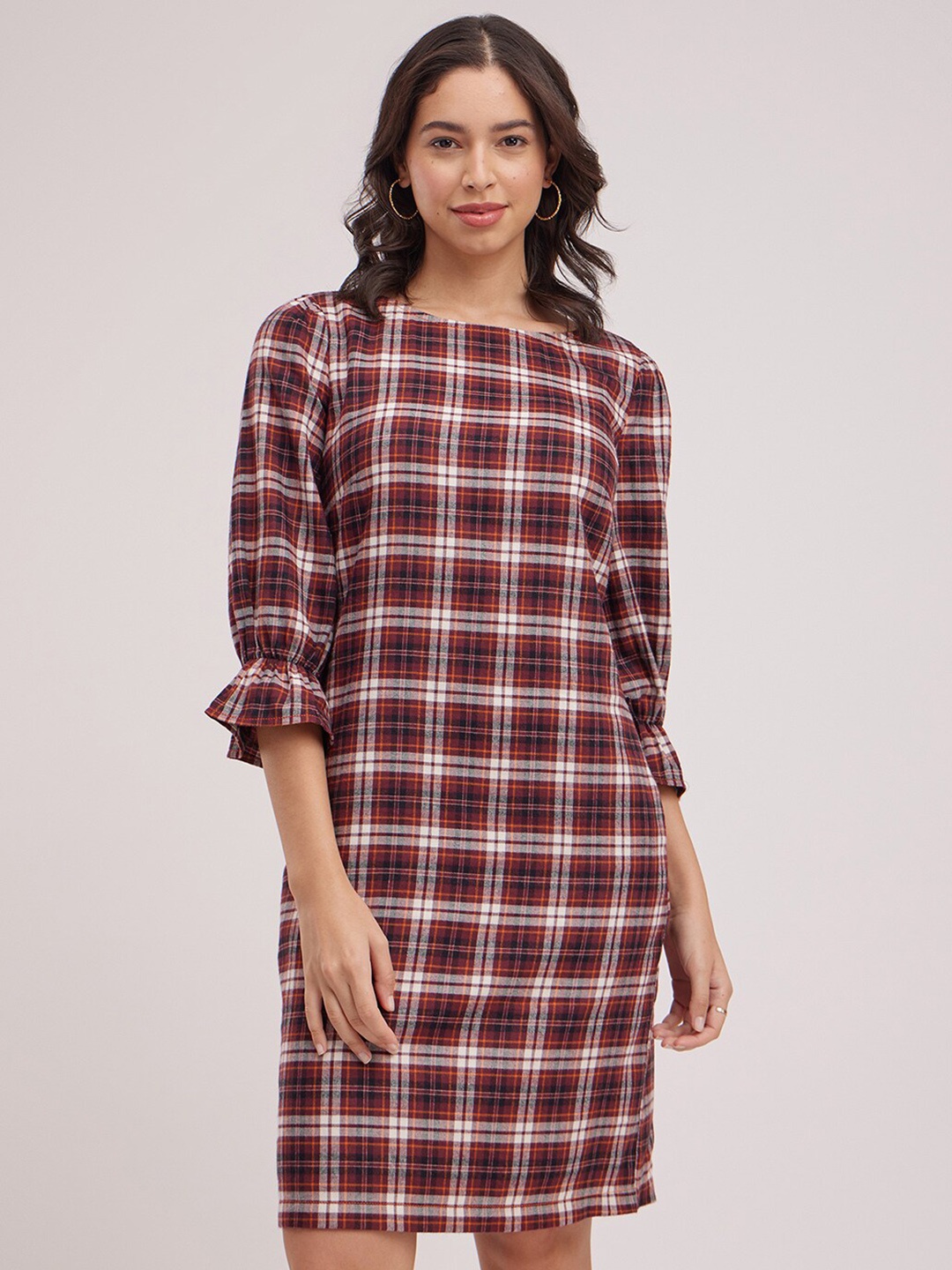 

FableStreet Checked Boat Neck Puff Sleeves Cotton A-Line Dress, Maroon