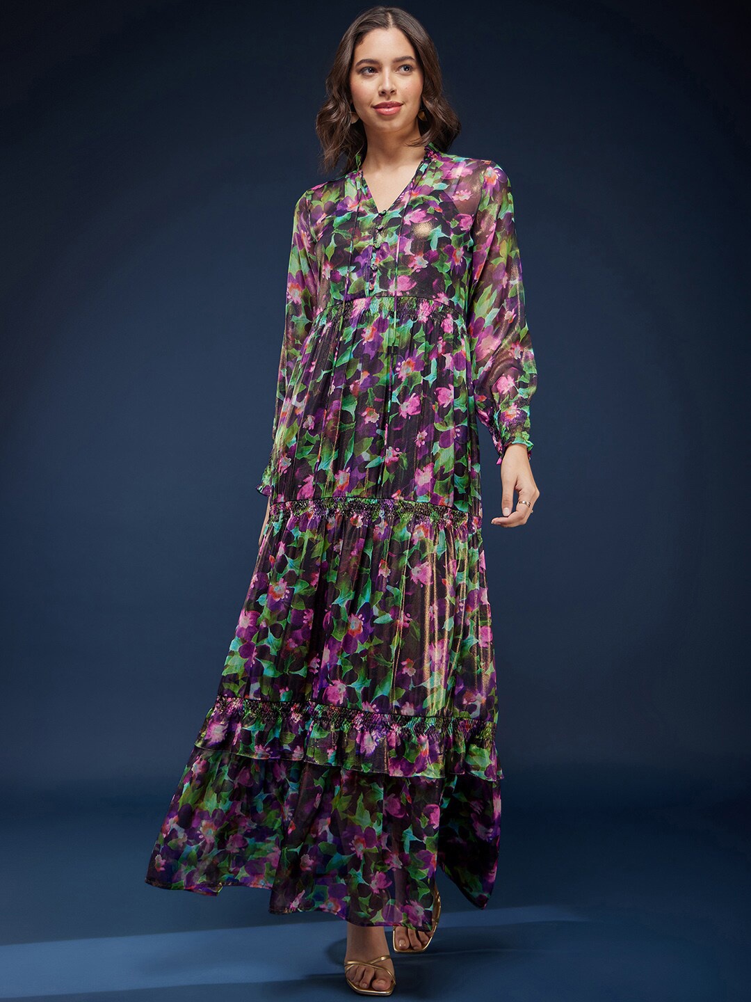 

FableStreet Floral Printed Smocked Detailed Tie-Up Neck Maxi Dress, Purple