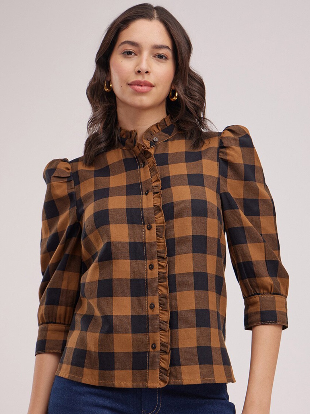 

FableStreet Checked Pure Cotton Shirt Style Top, Black