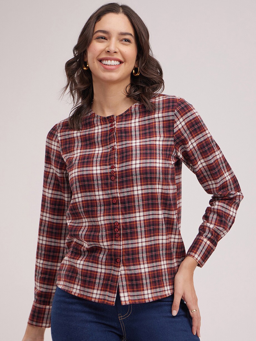 

FableStreet Checked Round Neck Cuffed Sleeves Pure Cotton Shirt Style Top, Maroon