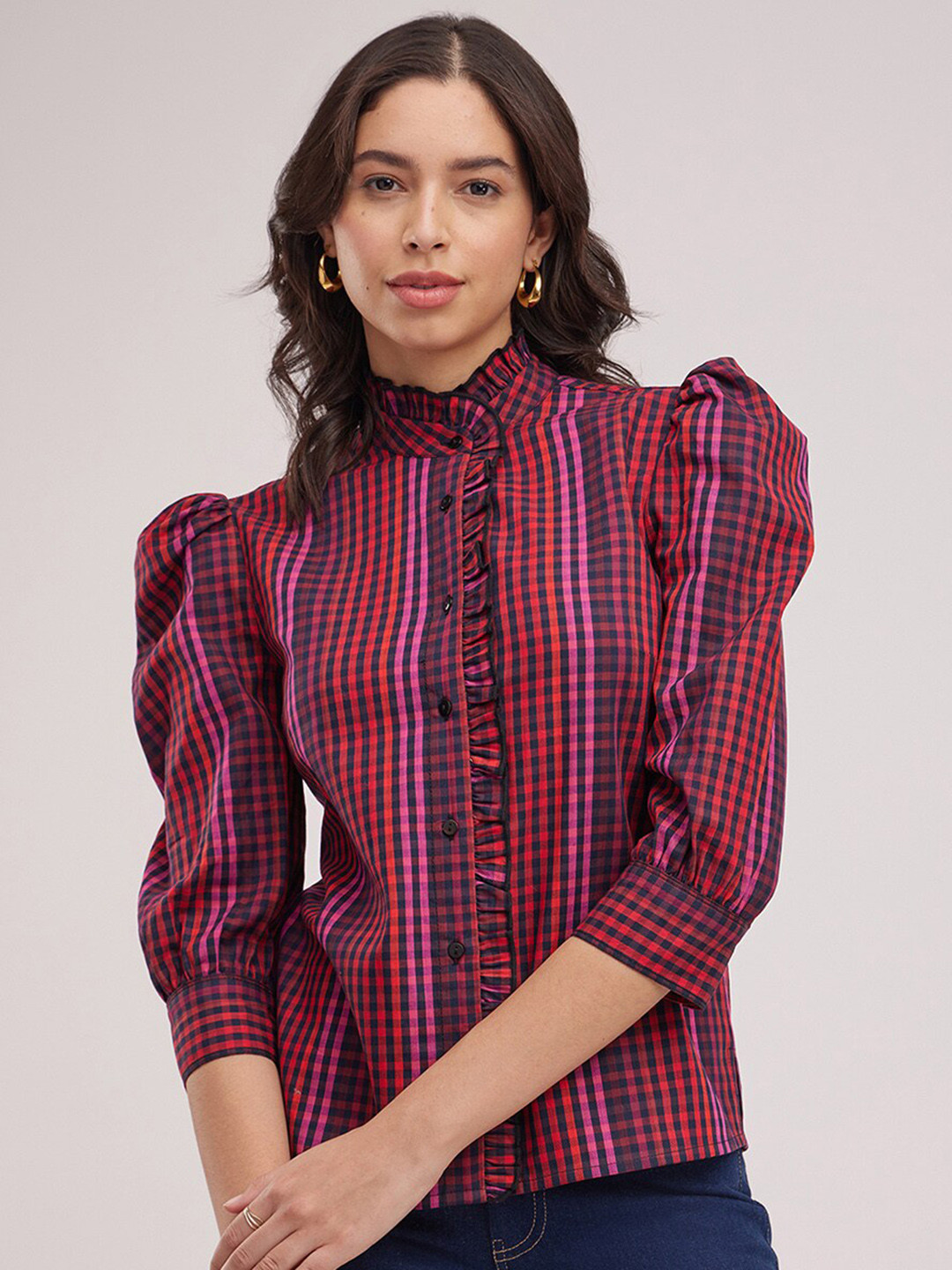 

FableStreet Checked Pure Cotton Shirt Style Top, Navy blue