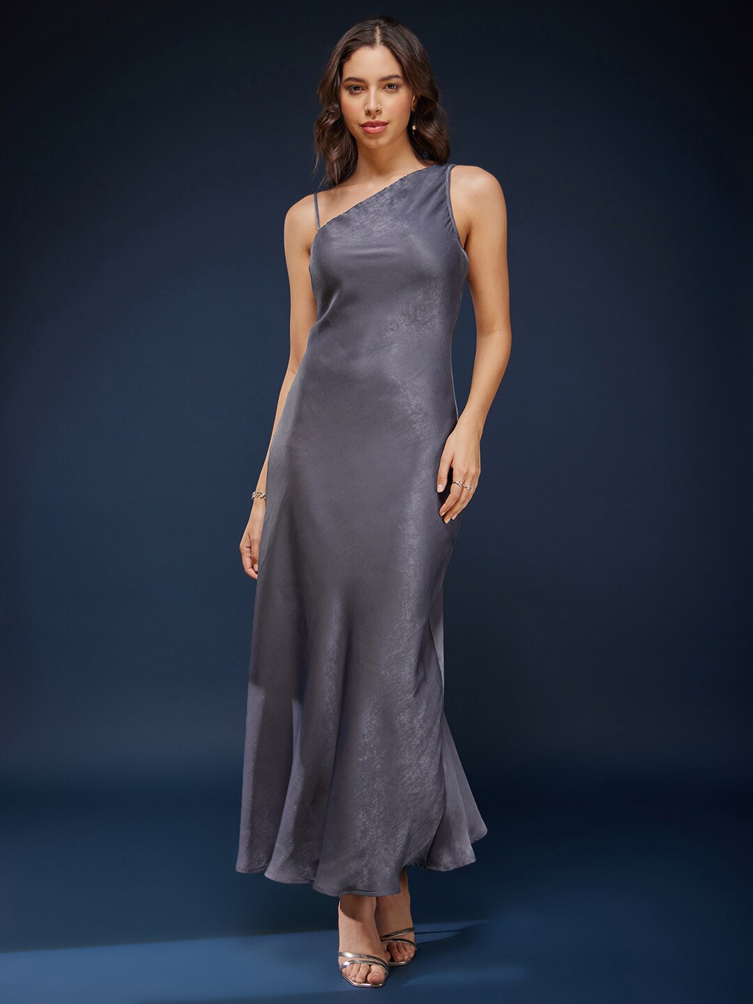 

FableStreet One Shoulder Satin Sleeveless Maxi Dress, Grey