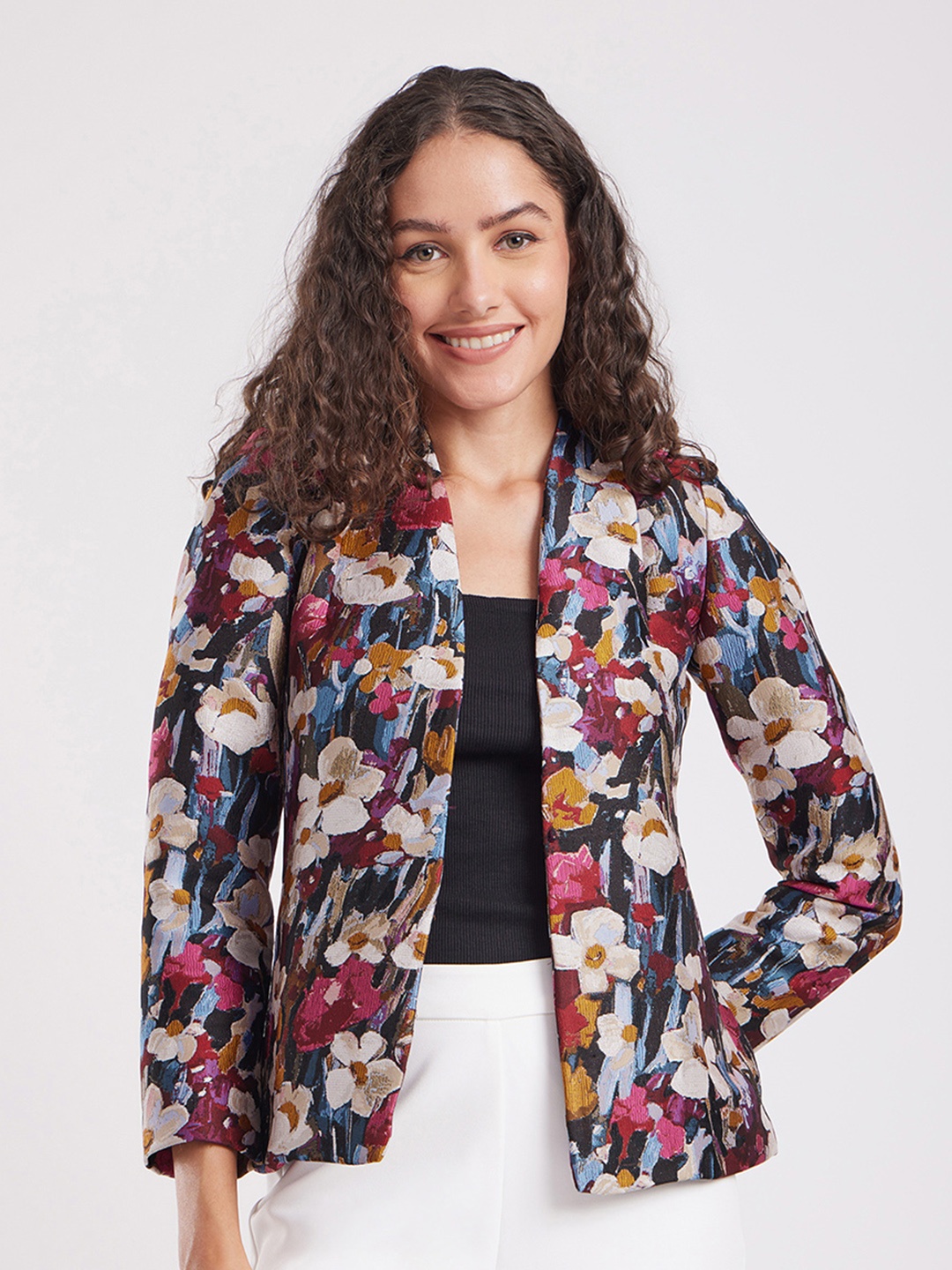 

FableStreet Floral Jacquard Woven Open Front Jacket, White