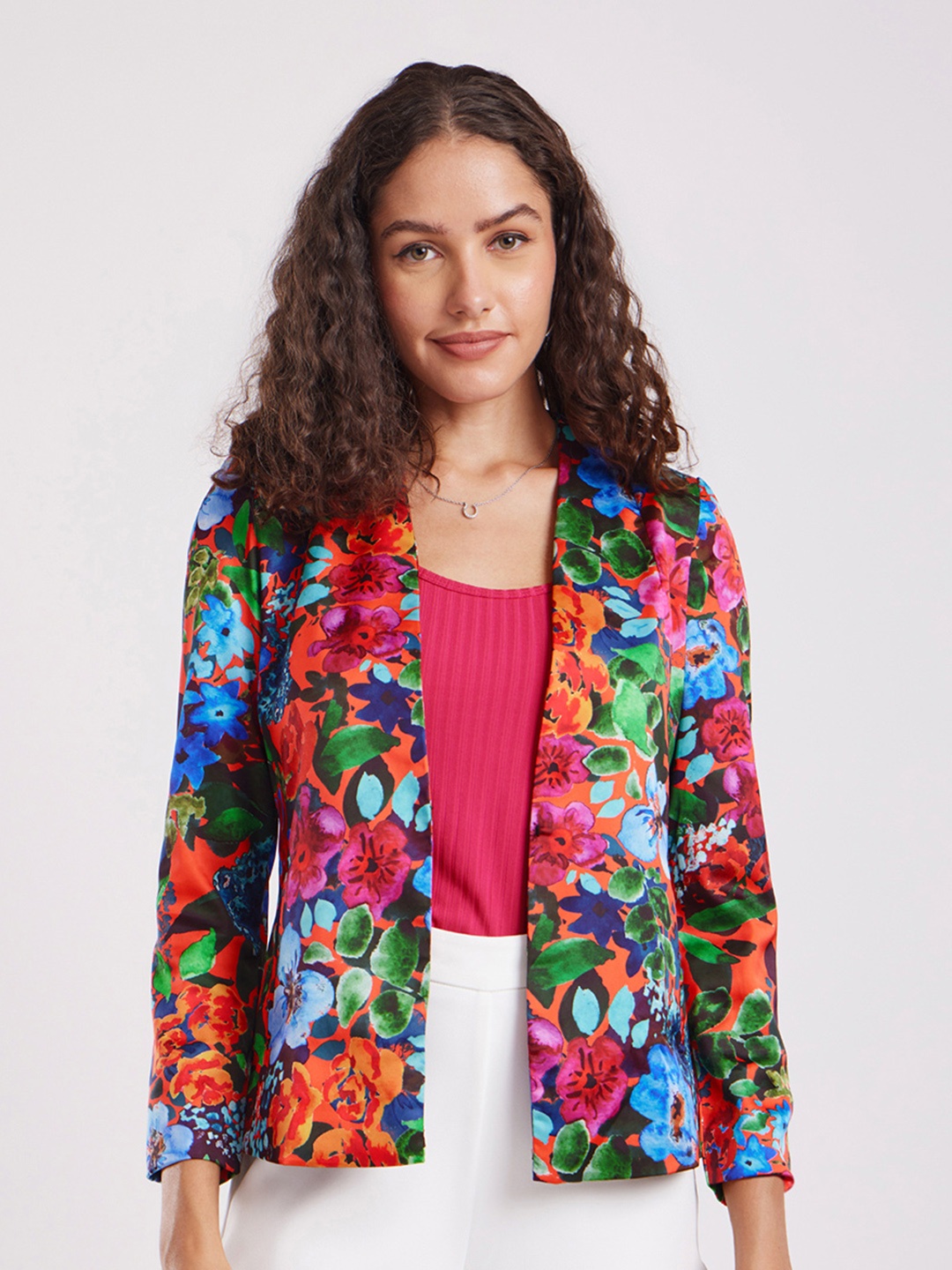 

FableStreet Floral Printed Satin Open Front Jacket, Orange
