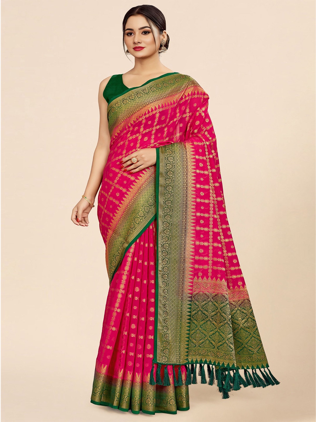 

DIVASTRI Ethnic Motifs Woven Design Zari Pure Georgette Banarasi Saree, Pink
