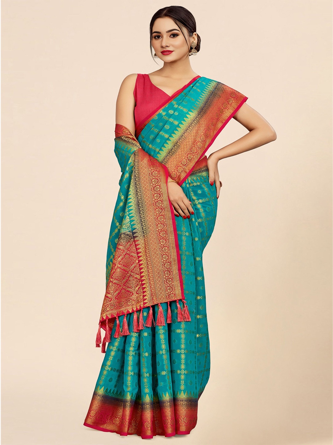 

DIVASTRI Ethnic Motifs Woven Design Zari Pure Georgette Banarasi Saree, Blue