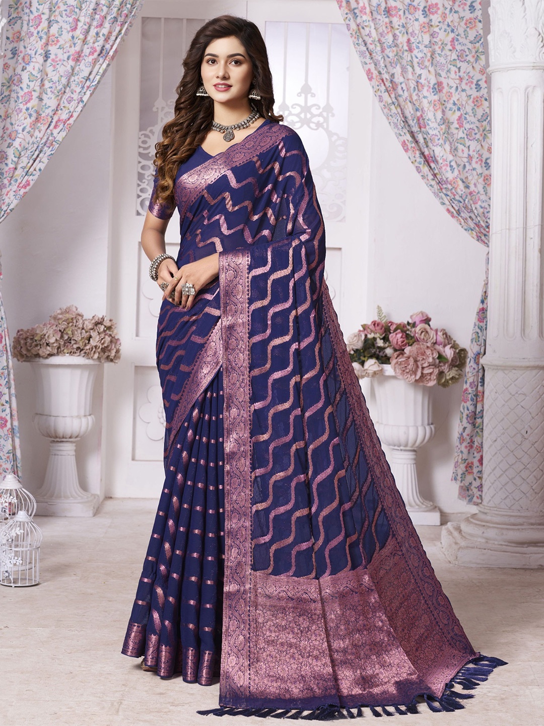 

DIVASTRI Ethnic Motifs Woven Design Zari Banarasi Saree, Blue