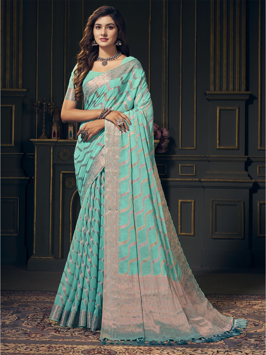 

DIVASTRI Woven Design Zari Pure Georgette Banarasi Saree, Blue