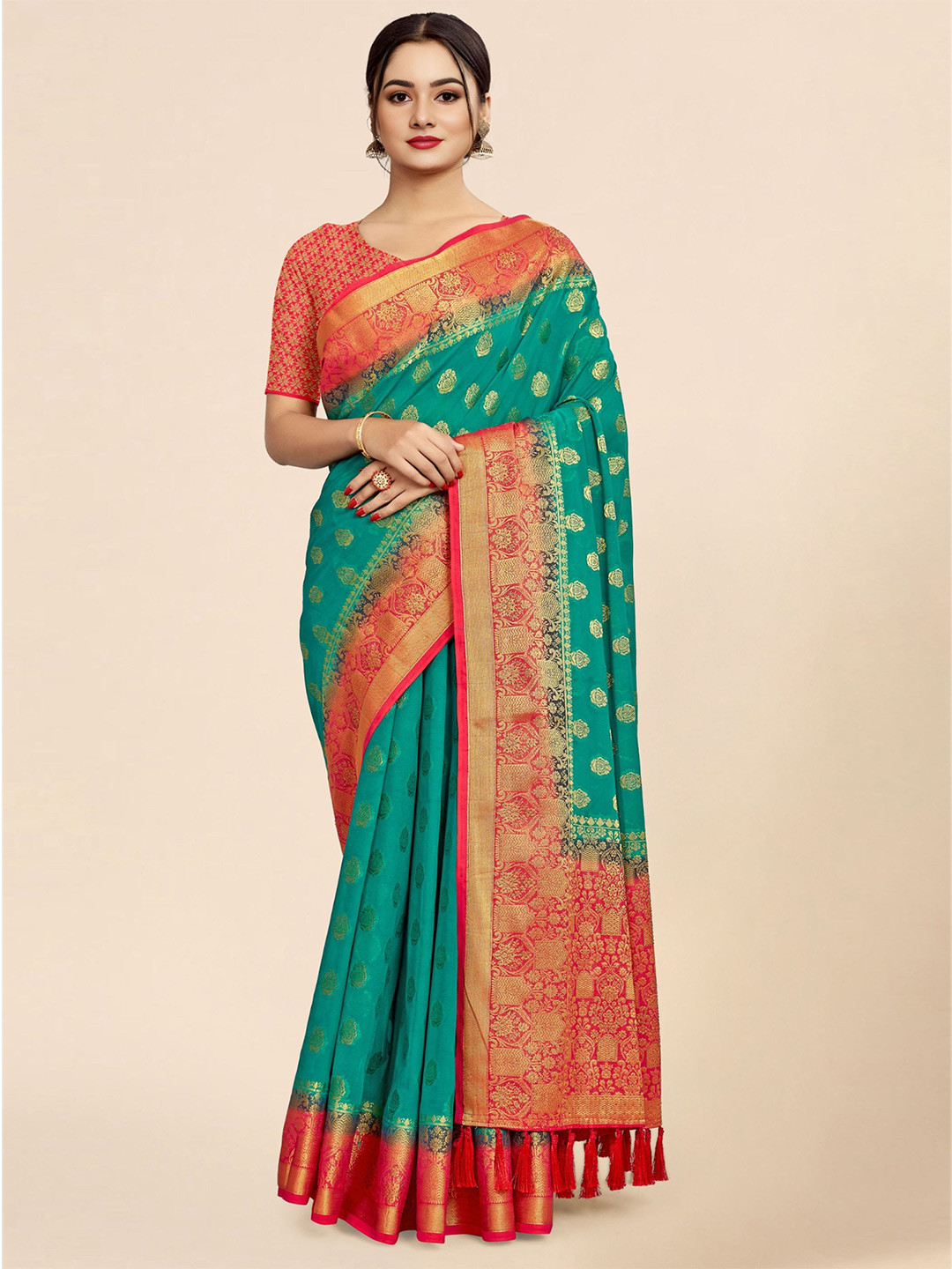 

DIVASTRI Ethnic Motifs Woven Design Zari Pure Georgette Banarasi Saree, Green