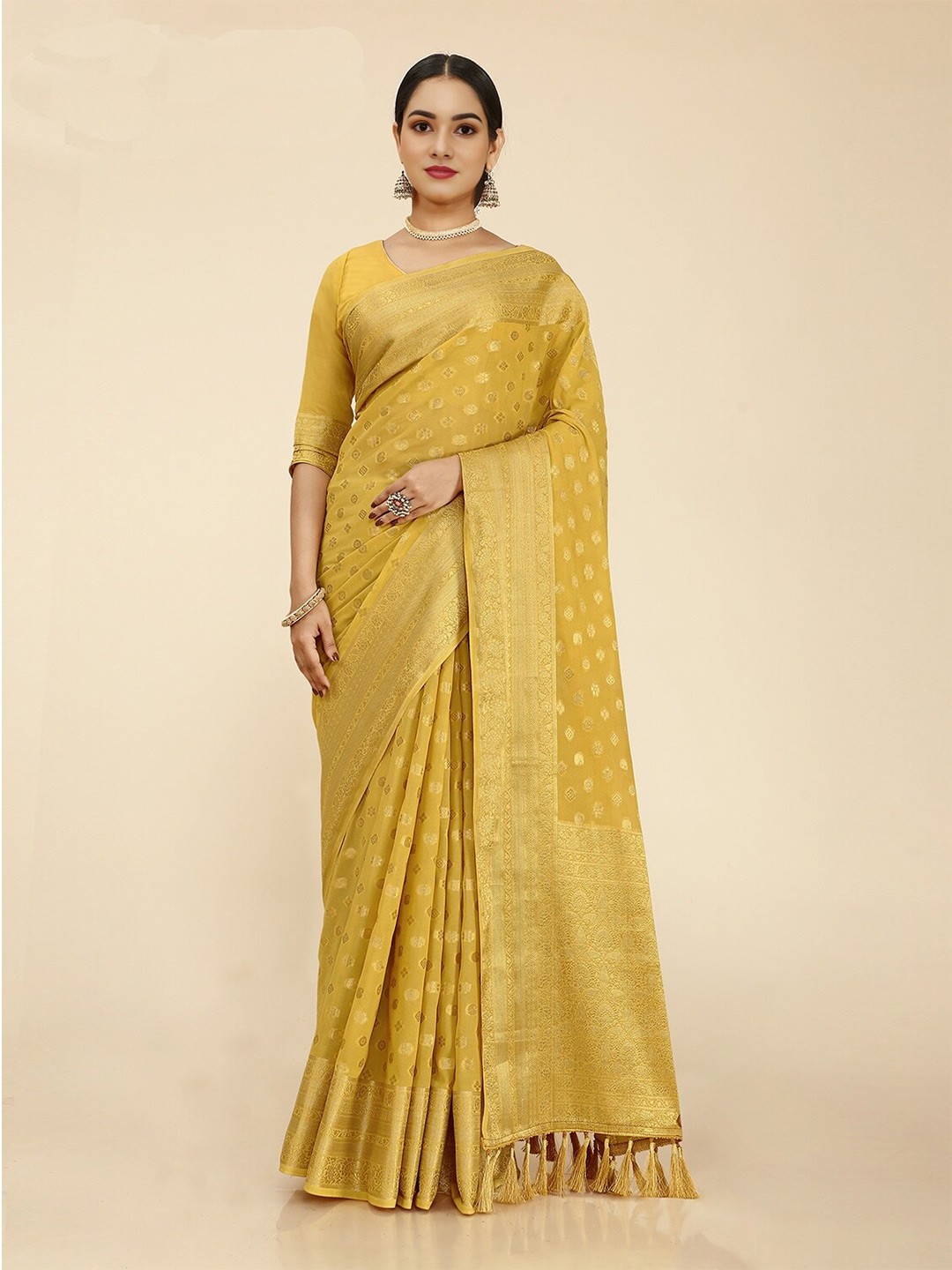 

DIVASTRI Ethnic Motifs Woven Design Zari Banarasi Saree, Yellow