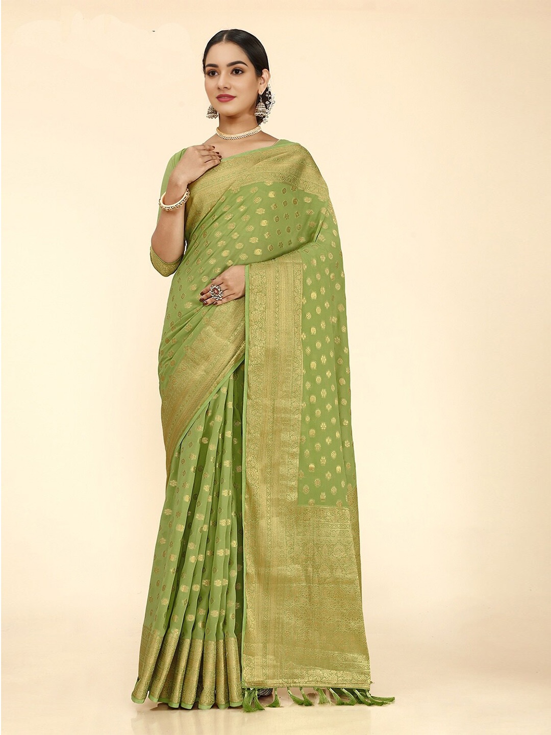 

DIVASTRI Ethnic Motifs Woven Design Zari Banarasi Saree, Green