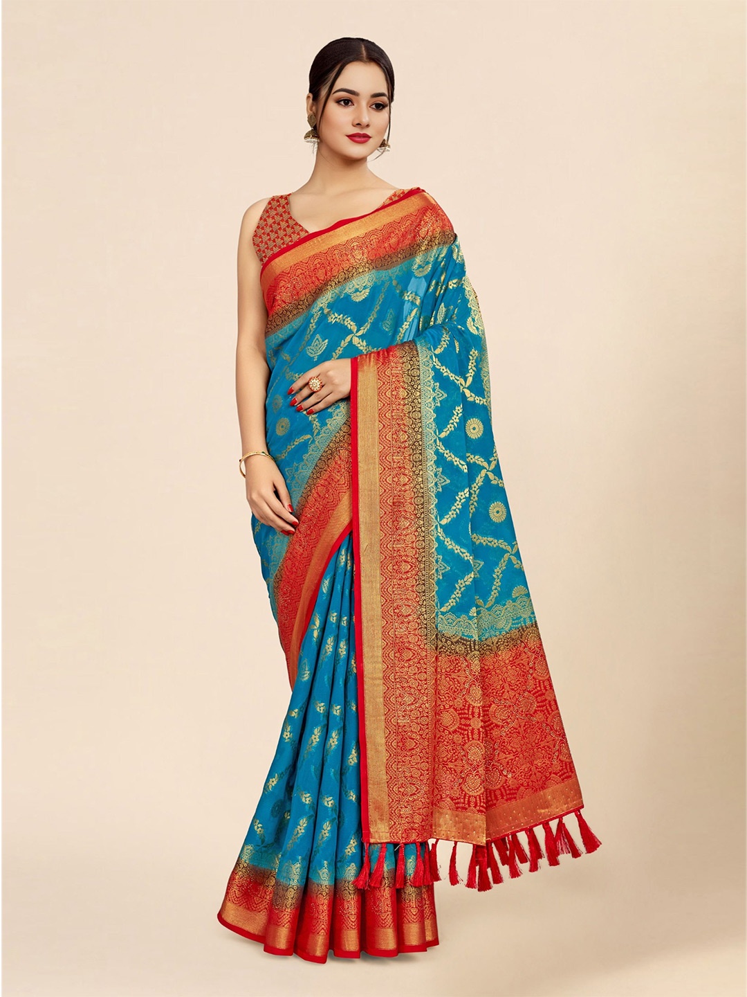 

DIVASTRI Ethnic Motifs Woven Design Zari Pure Georgette Handloom Banarasi Saree, Blue