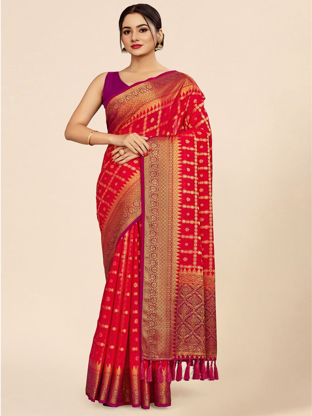 

DIVASTRI Ethnic Motifs Woven Design Zari Pure Georgette Banarasi Saree, Red