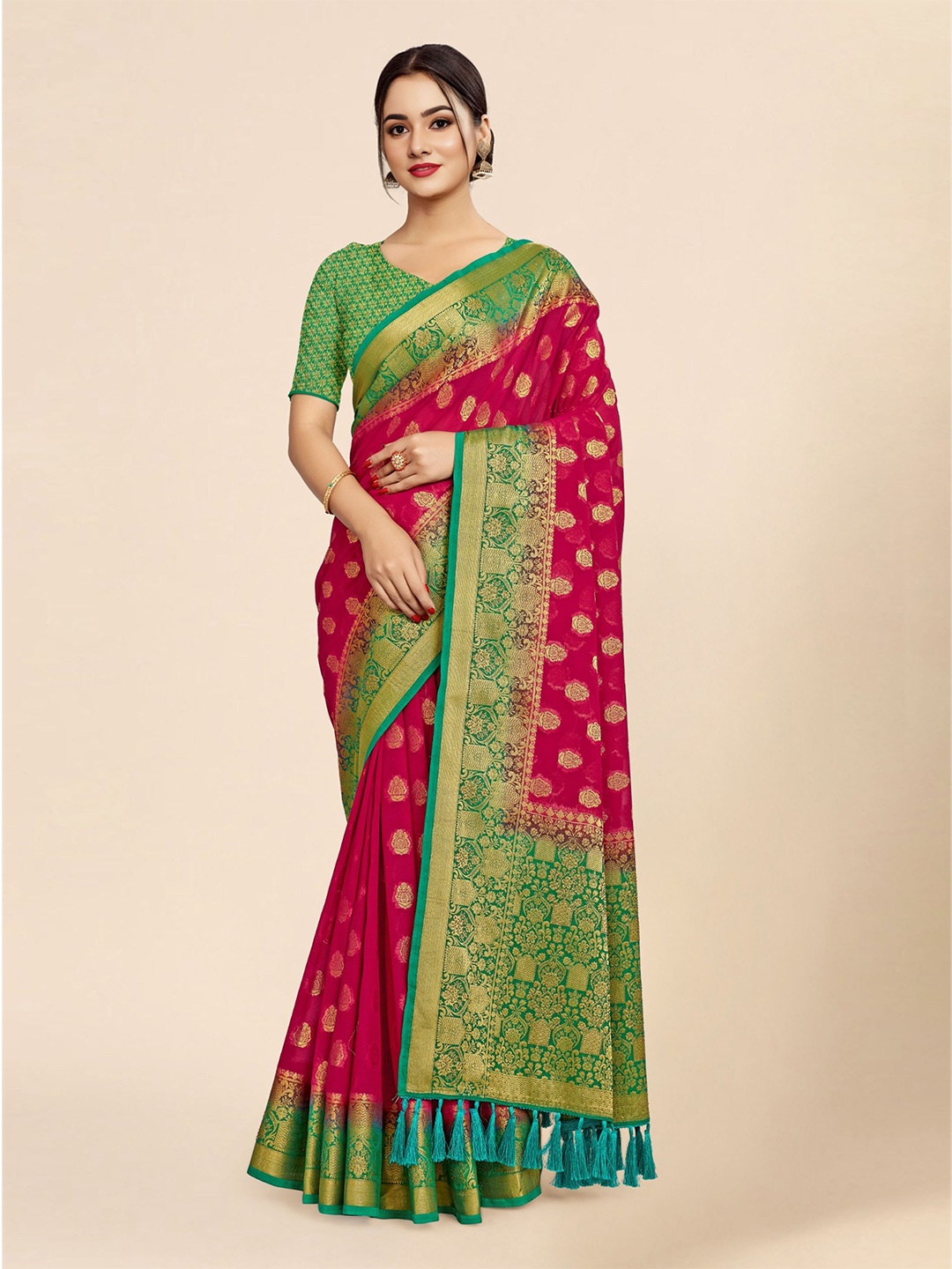 

DIVASTRI Ethnic Motifs Woven Design Zari Pure Georgette Banarasi Saree, Pink