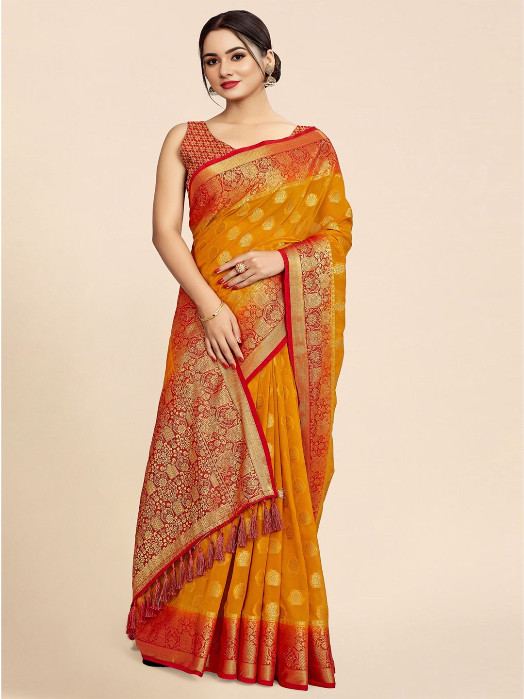

DIVASTRI Ethnic Motifs Woven Design Zari Pure Georgette Banarasi Saree, Orange