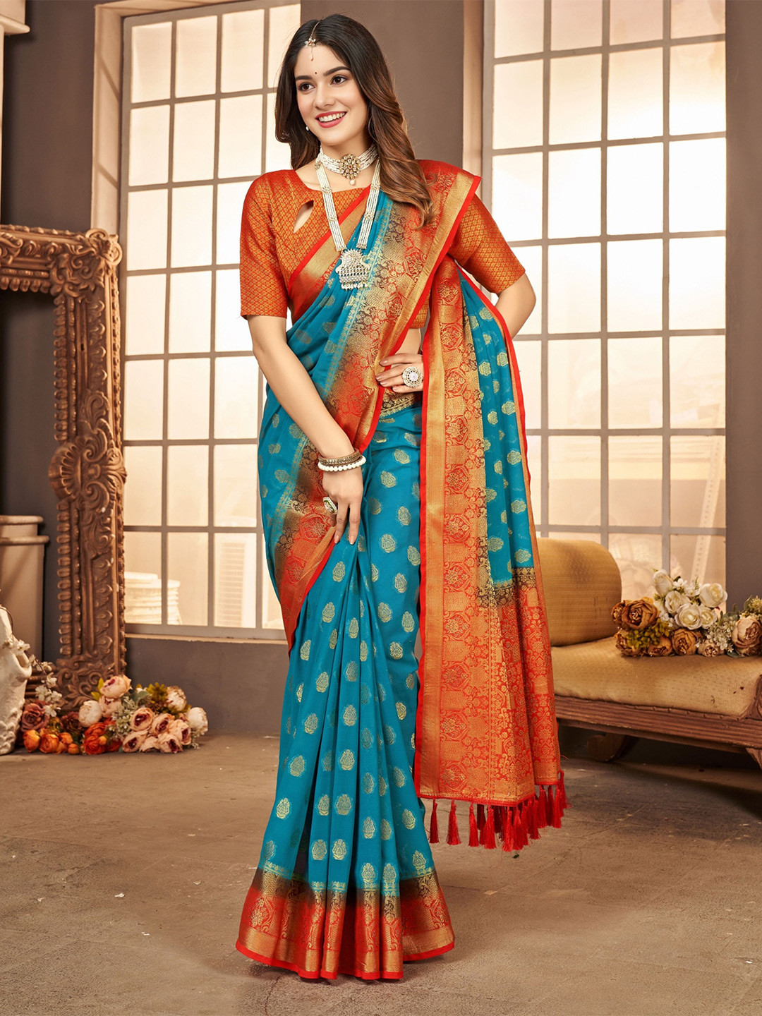 

DIVASTRI Ethnic Motifs Woven Design Zari Pure Georgette Banarasi Saree, Blue