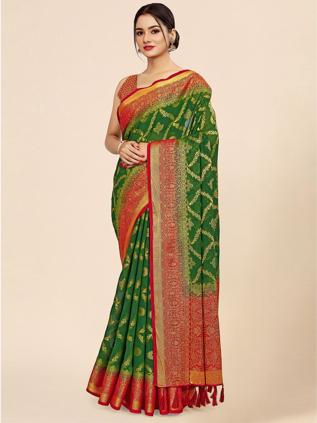 

DIVASTRI Ethnic Motifs Woven Design Zari Pure Georgette Banarasi Saree, Green