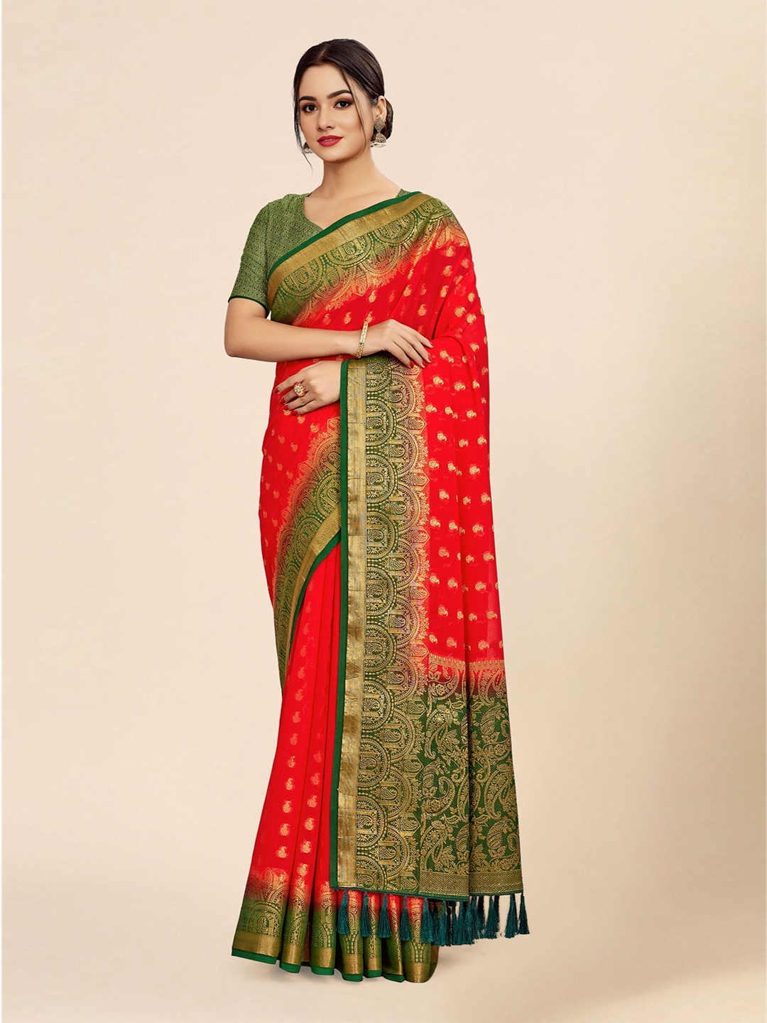 

DIVASTRI Paisley Woven Design Zari Pure Georgette Banarasi Saree, Red