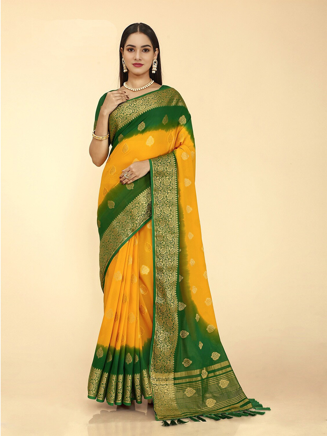 

DIVASTRI Ethnic Motifs Woven Design Zari Pure Georgette Banarasi Saree, Yellow