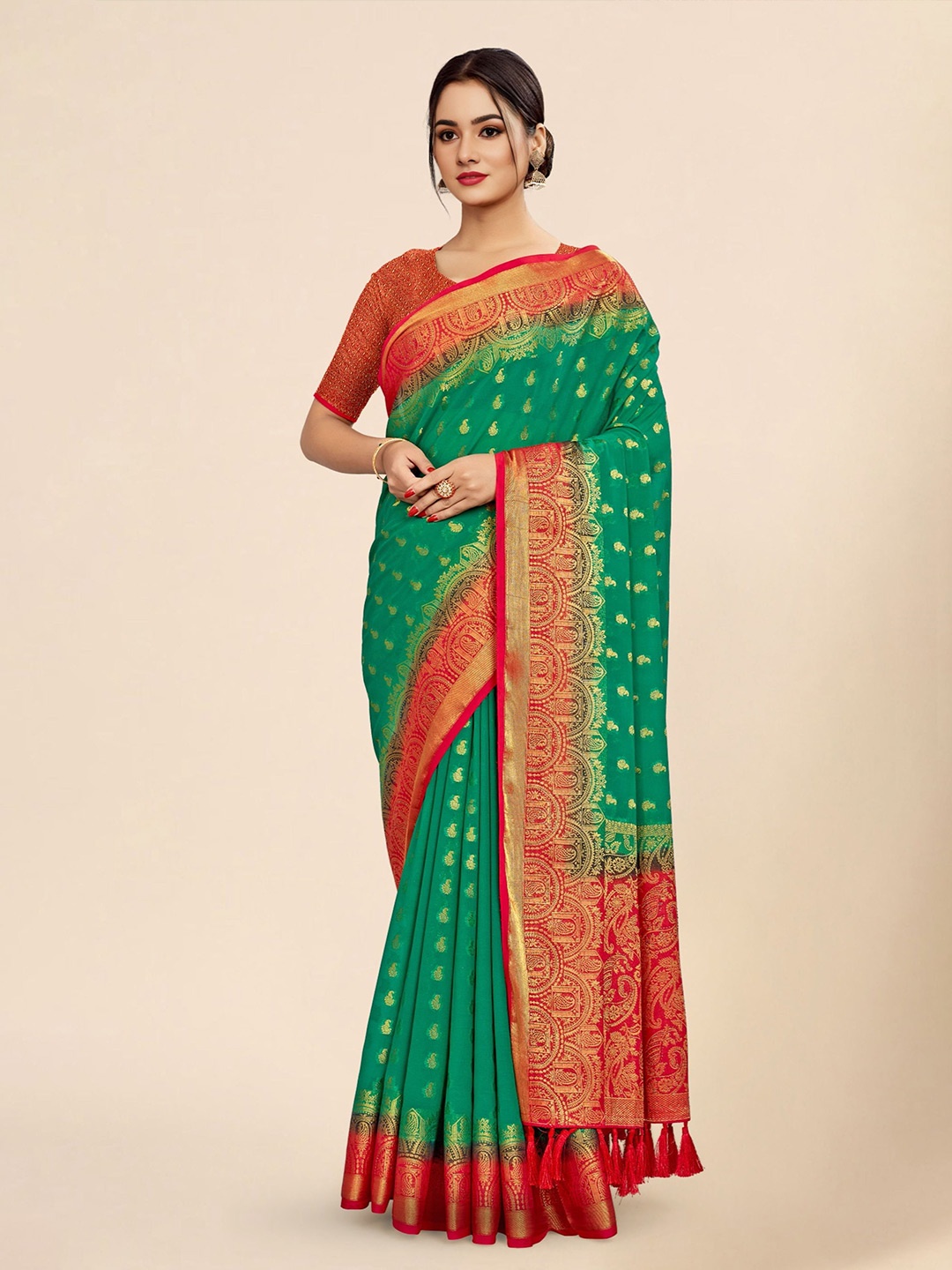 

DIVASTRI Ethnic Motifs Woven Design Zari Pure Georgette Banarasi Saree, Turquoise blue